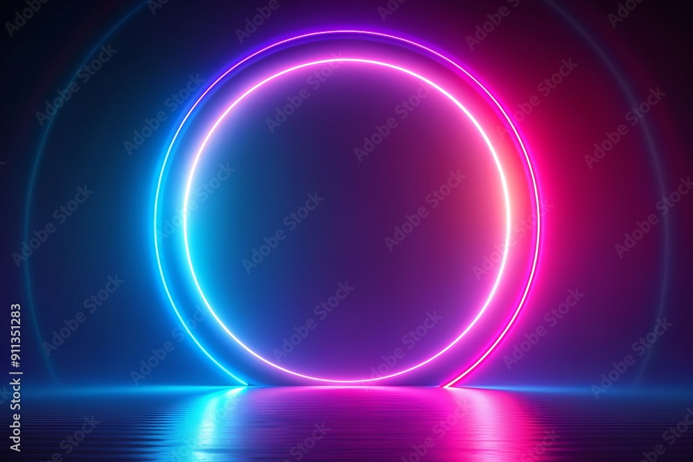 Obraz premium Vibrant neon pink and blue textured round circle background features futuristic composition of circle gradient shapes, evoking a mesmerizing and abstract digital atmosphere.