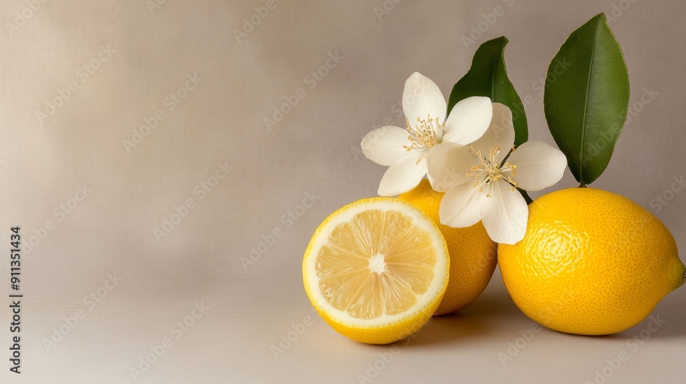 Still life of lemons with a single blooming lemon flower, soft focus background, elegant and serene composition, delicate colors Still life of lemons with a single blooming lemon flower, soft focus background, elegant and serene composition, delicate colors