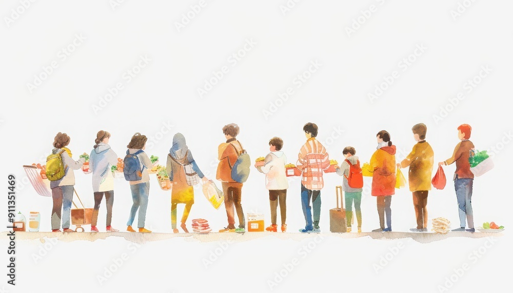 A diverse group of people waiting in line, showcasing community and everyday interactions with bags and items. A diverse group of people waiting in line, showcasing community and everyday interactions with bags and items.