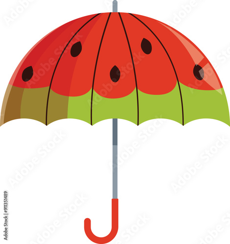 Red and green umbrella looking like a watermelon protecting from the rain