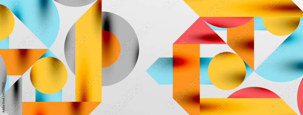 Circles and shadows. Colorful round elements with triangles, semi circles and other shapes. Vector Illustration For Wallpaper, Banner, Background, Card, Book Illustration, landing page Circles and shadows. Colorful round elements with triangles, semi circles and other shapes. Vector Illustration For Wallpaper, Banner, Background, Card, Book Illustration, landing page