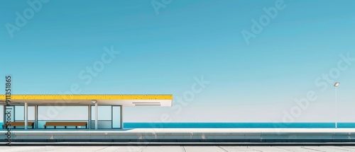 A Train Station by the Sea against Blue Background