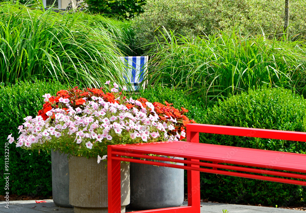 czerwona ławka ogrodowa z metalu na tle zilonych traw ozodbnych i kwiatów, metalowa ławka czerwona w ogrodzie, red metal garden bench and fowers, kącik wypoczynkowy, red metal bench in garden