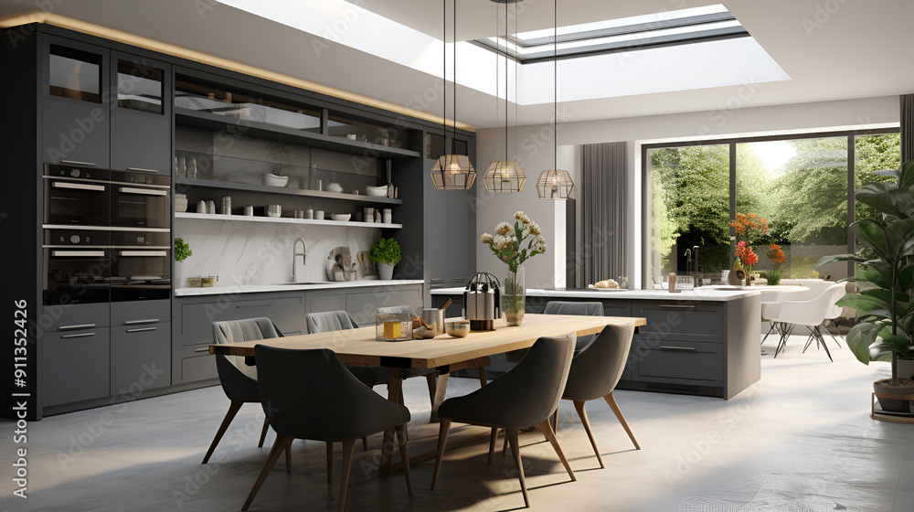 Fototapeta premium Modern interior design of kitchen with island, dining table and chairs ,Modern minimalist kitchen interior