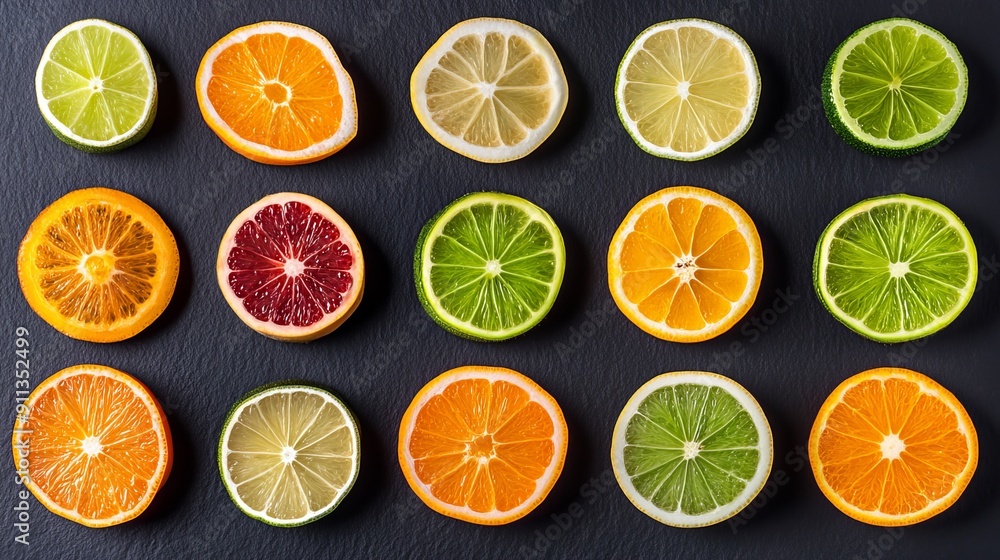 Ugli fruit cut into various creative shapes, displayed artistically on a dark slate background for dramatic contrast Ugli fruit cut into various creative shapes, displayed artistically on a dark slate background for dramatic contrast