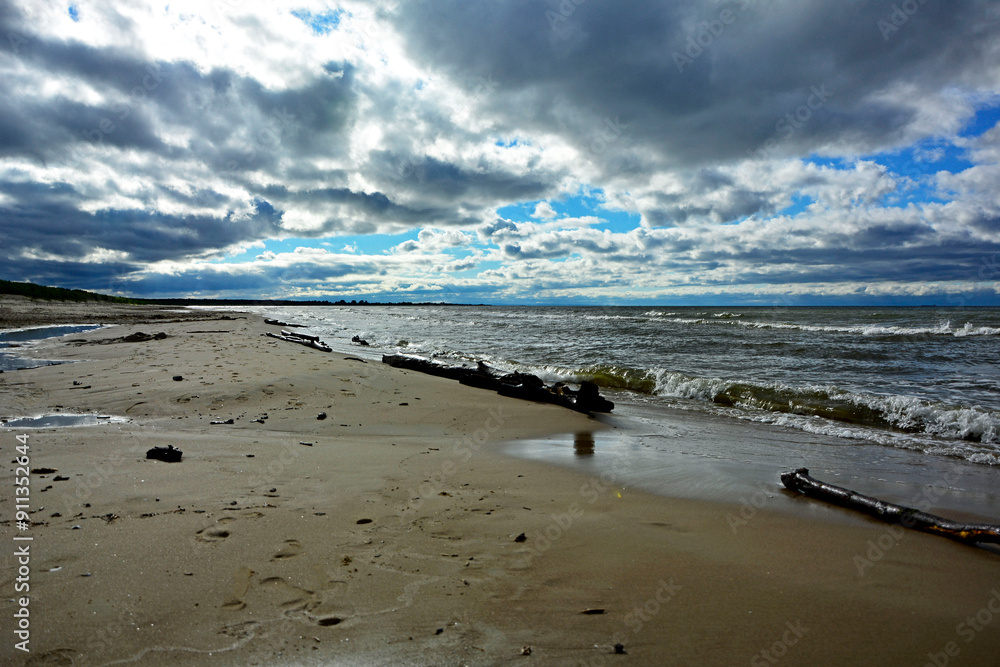 drewno na plaży na tle morza, kawałek drwena na plaży, malowniczy pejzaż nadmorski, log on the sand on the sea shore, beach scene with a large log and sand