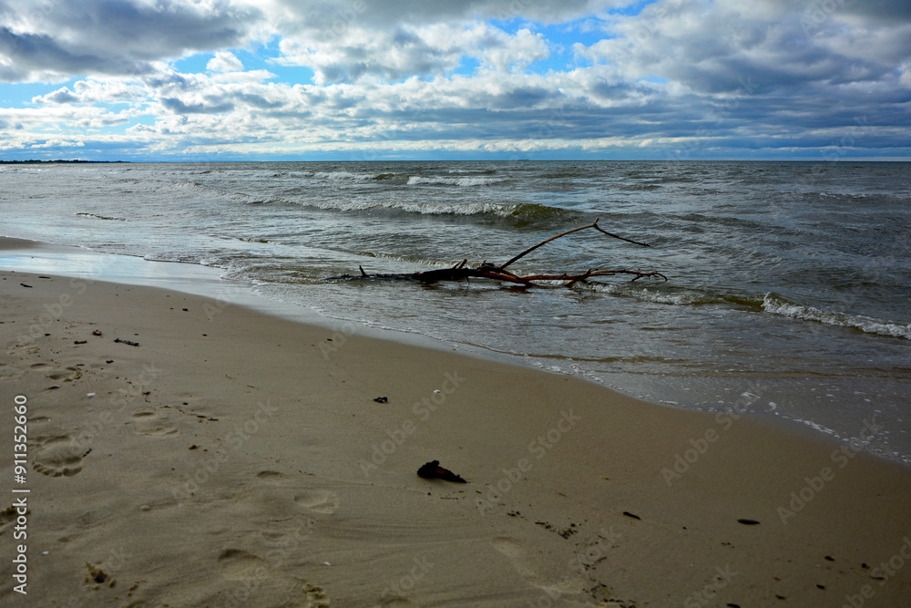 drewno na plaży na tle morza, kawałek drwena na plaży, malowniczy pejzaż nadmorski, log on the sand on the sea shore, beach scene with a large log and sand