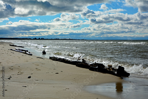 drewno na plaży na tle morza, kawałek drwena na plaży, malowniczy pejzaż nadmorski, log on the sand on the sea shore, beach scene with a large log and sand