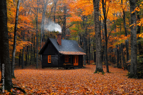 A cozy cabin nestled in the autumn woods.