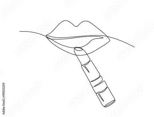 Continuous one line drawing of sexy lips with lipstick. Lipstick on lips single line vector illustration.