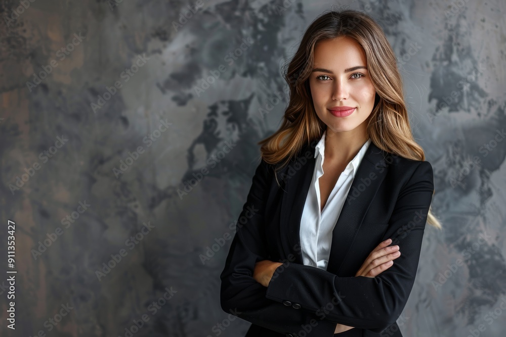 Confident Businesswoman in Black Suit Standing Confident Businesswoman in Black Suit Standing