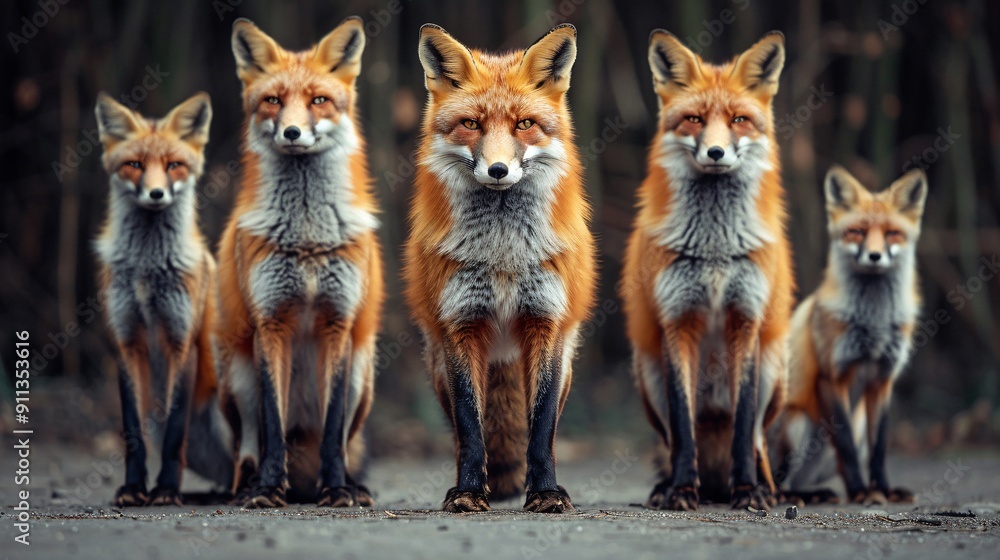 Five Red Foxes Standing in a Row Five Red Foxes Standing in a Row