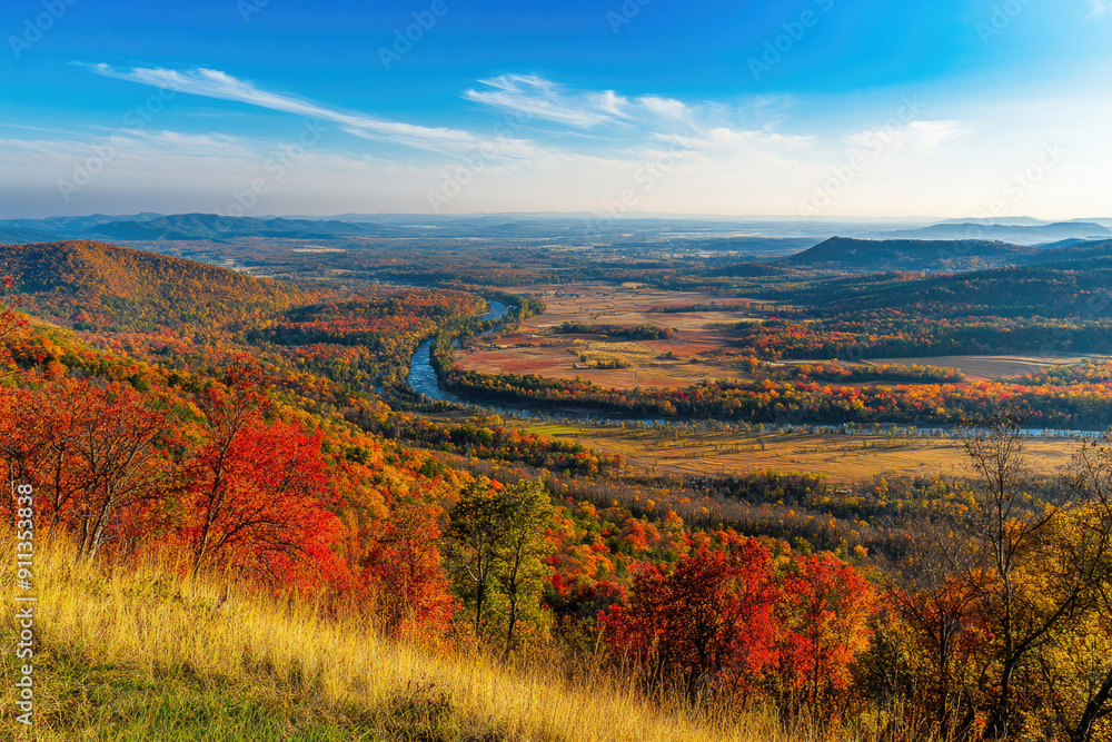 Fototapeta premium A panoramic view from a hilltop in autumn.