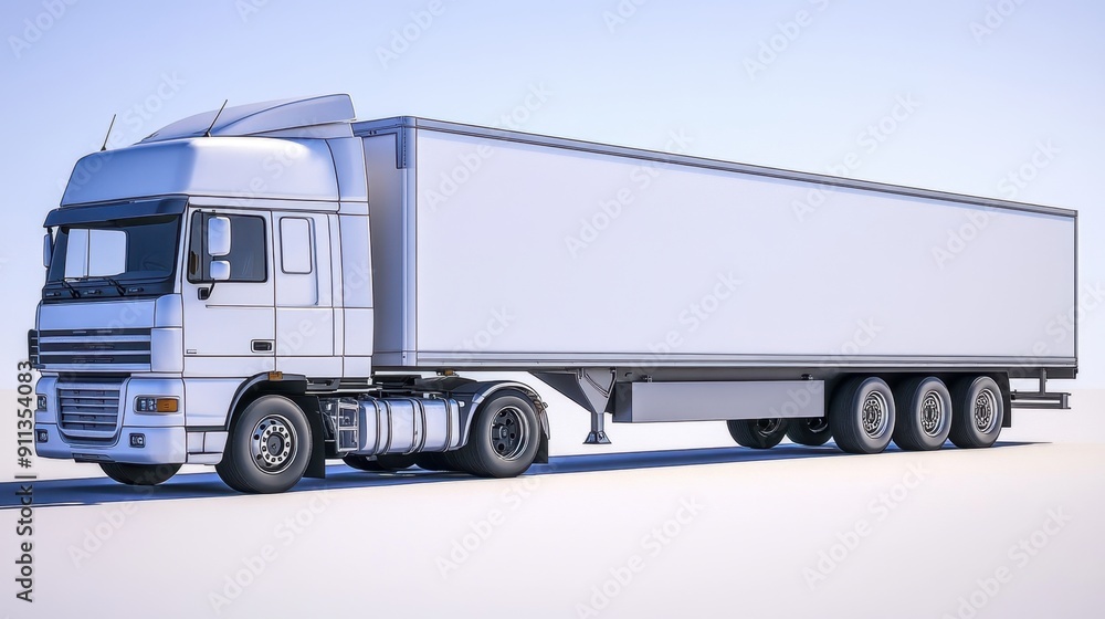 A semi-trailer truck rendered in 3D, isolated on a white background, showcasing its detailed design and structure. A semi-trailer truck rendered in 3D, isolated on a white background, showcasing its detailed design and structure.