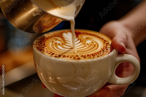 A person is pouring milk into a coffee cup with a leaf design