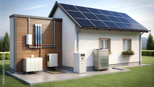 Sustainable Home Heating with an Air Source Heat Pump and Solar Power  AI generated