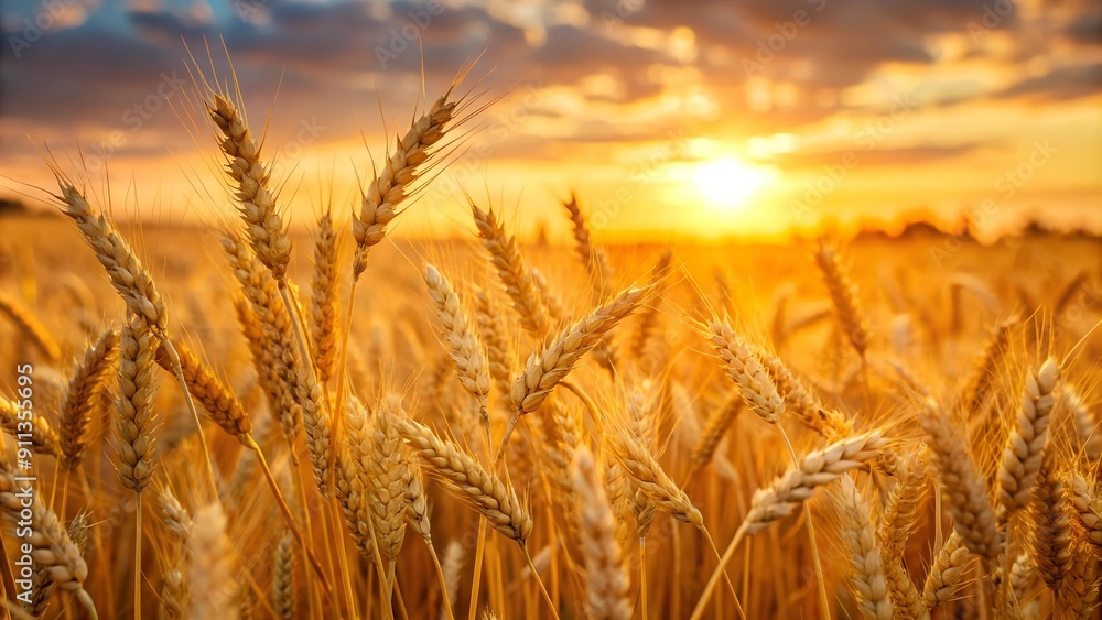 Golden Waves of Abundance: A Field of Wheat Bathed in Warm Sunset Light generative AI Golden Waves of Abundance: A Field of Wheat Bathed in Warm Sunset Light generative AI