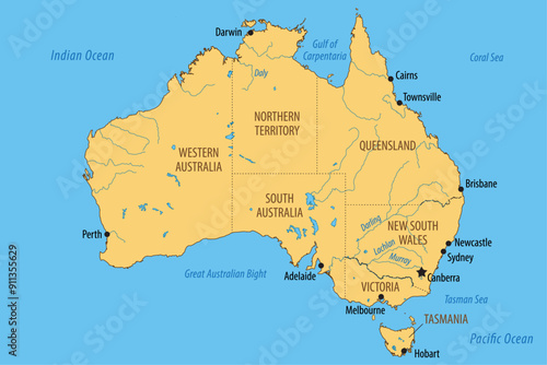Vector map of Australia with the federated states and major cities