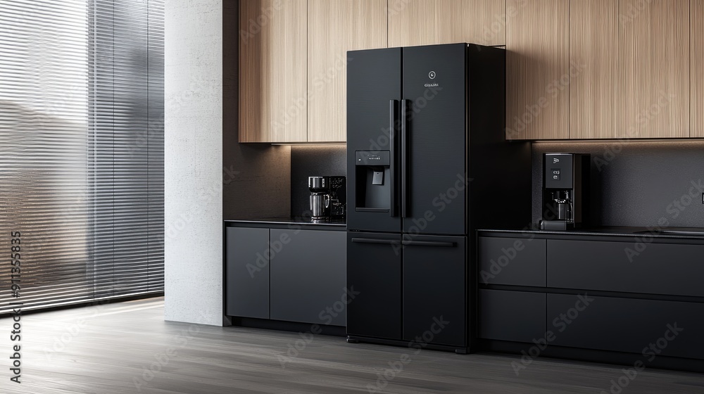 A contemporary kitchen showcases a black refrigerator and various stylish appliances set against a minimalist design with wooden cabinetry and large windows A contemporary kitchen showcases a black refrigerator and various stylish appliances set against a minimalist design with wooden cabinetry and large windows