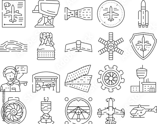 aeronautical engineer aviation icons set vector. airplane plane, aerospace jet, aeroplane airport, engine maintenance, control pilot aeronautical engineer aviation black contour illustrations