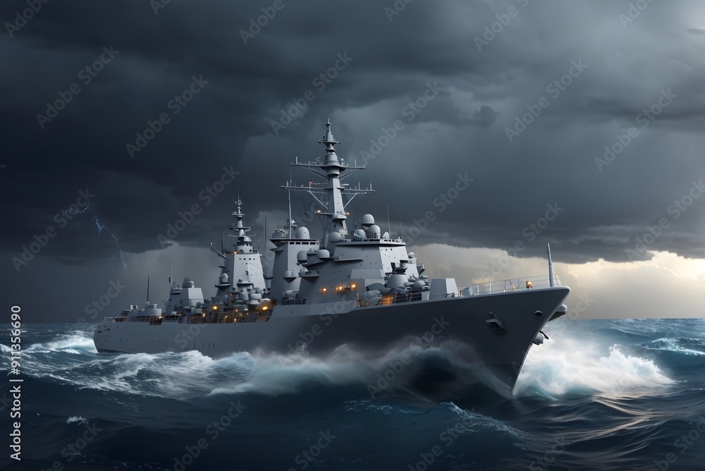 Warship in the stormy sea. 3D illustration Warship in the stormy sea. 3D illustration