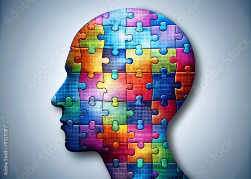 Human head profile and jigsaw puzzle, cognitive psychology or psychotherapy concept, mental health, brain problem, personality disorder, vector line design, Created using generative photo