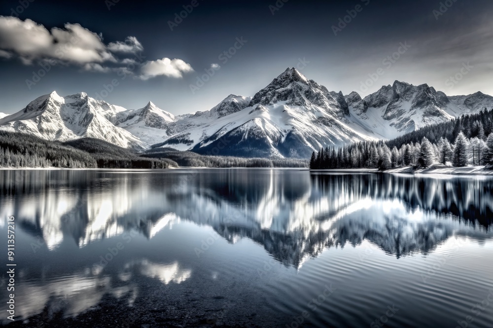 Fototapeta premium Serene black and white landscape of a calm lake reflecting majestic snow-capped mountains in the distance under a cloudless sky.