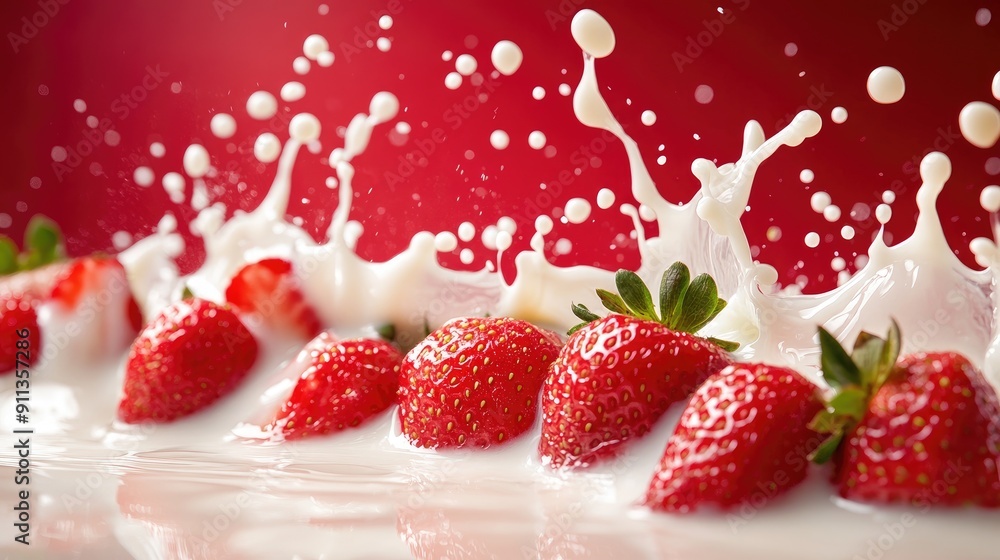 Dynamic shot of strawberries with milk splash, highlighting the freshness and movement. Dynamic shot of strawberries with milk splash, highlighting the freshness and movement.