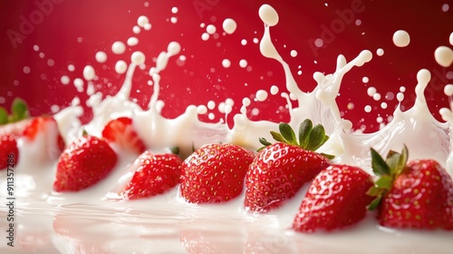 Dynamic shot of strawberries with milk splash, highlighting the freshness and movement.