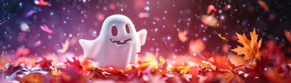 Gentle Halloween banner with a single ghost floating amidst soft autumn leaves and a twilight sky Gentle Halloween banner with a single ghost floating amidst soft autumn leaves and a twilight sky
