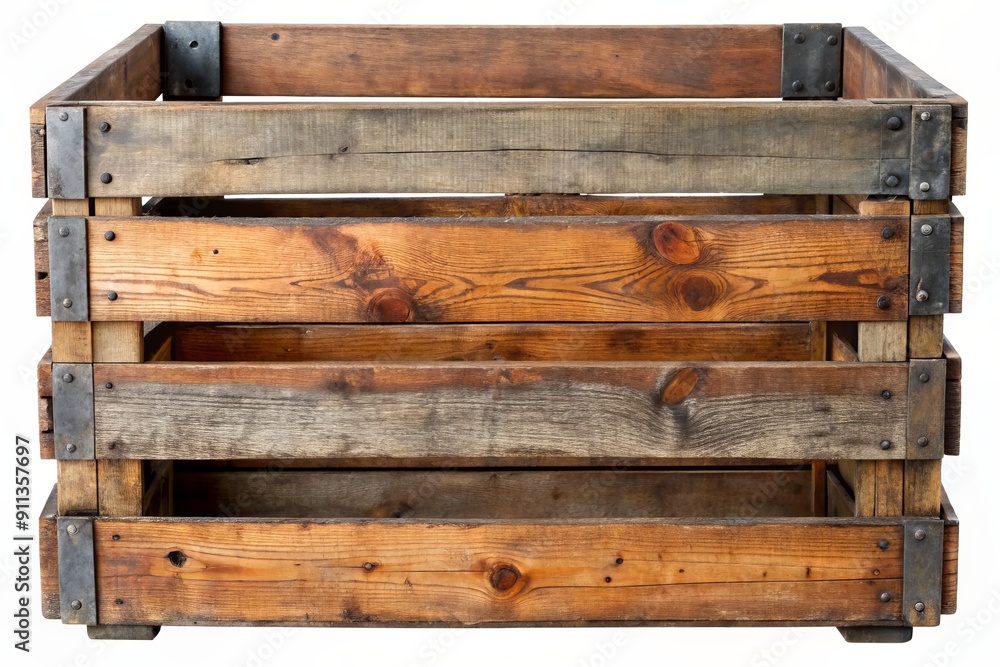 A worn, rustic wooden crate with weathered planks and rusty metal bands lies empty on a transparent background, evoking a sense of industrial simplicity. A worn, rustic wooden crate with weathered planks and rusty metal bands lies empty on a transparent background, evoking a sense of industrial simplicity.