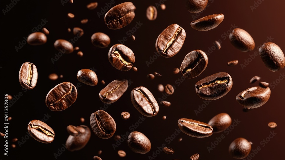 Falling coffee beans in various brown shades, close-up on a dark brown background. Falling coffee beans in various brown shades, close-up on a dark brown background.