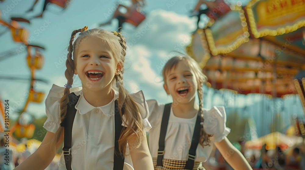 Children in lederhosen enjoying a carousel ride at Oktoberfest Children in lederhosen enjoying a carousel ride at Oktoberfest