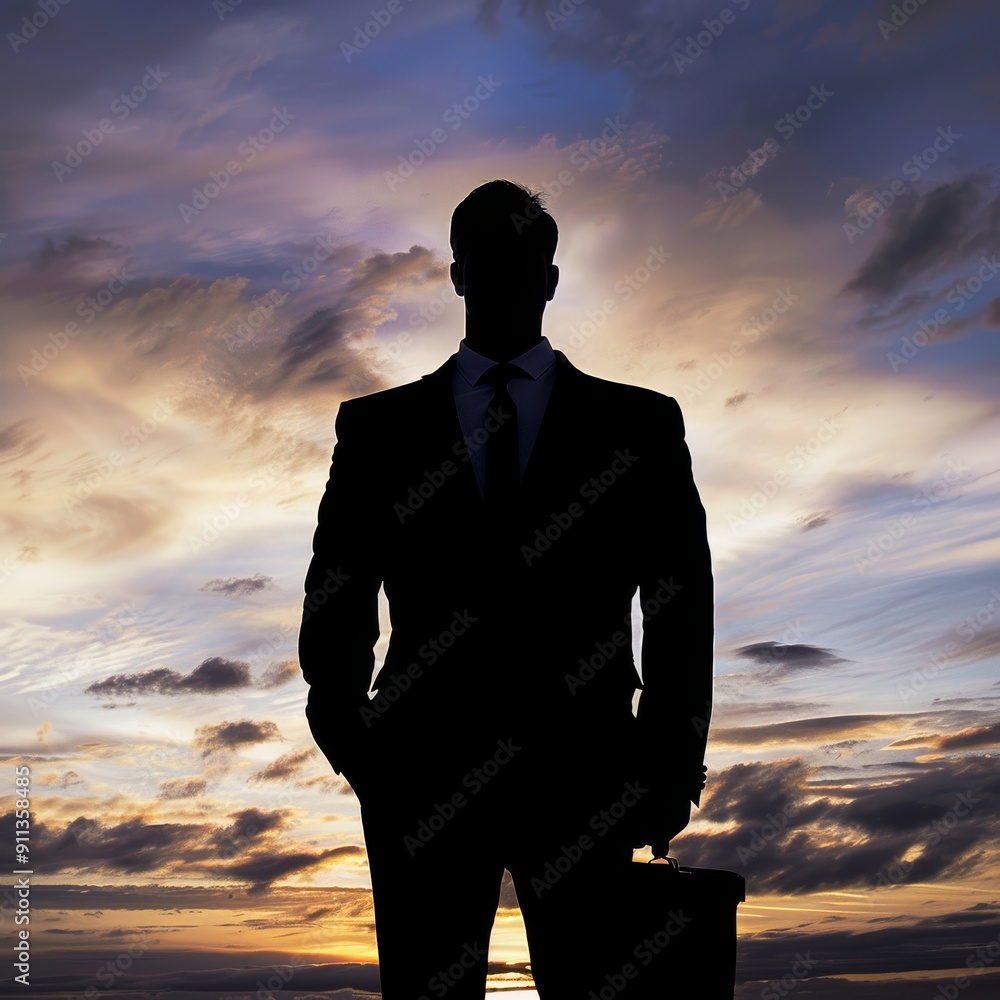 Silhouetted businessman representing triumph and progress. Silhouetted businessman representing triumph and progress.