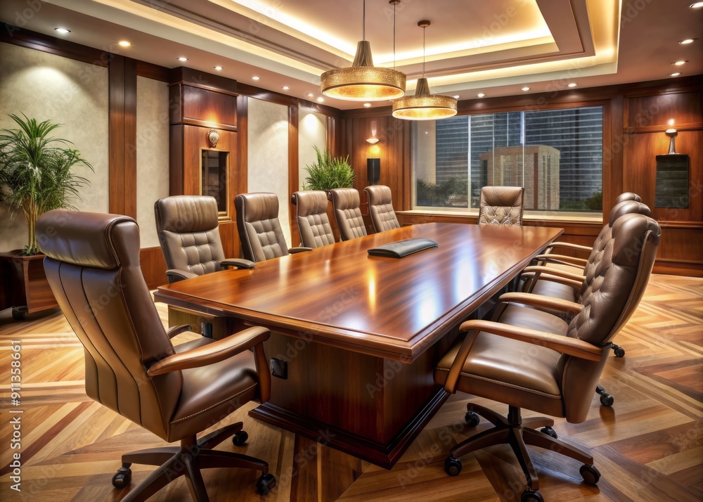 Fototapeta premium Polished wood conference table dominates center of lavish room with high-backed leather chairs, subtle lighting, and sleek modern decor, conveying professionalism and success.