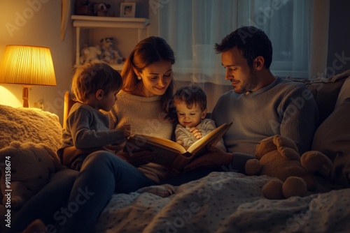 Family reading bedtime stories together photo