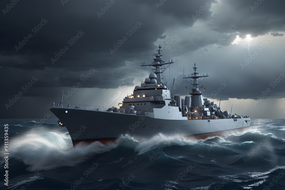 Naklejka premium Warship in the stormy sea. 3D illustration