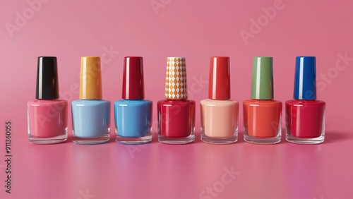 A row of eight colorful nail polishes on a pink background photo