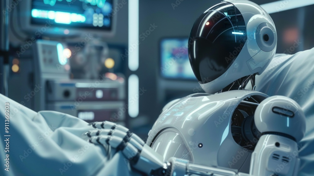 A Humanoid Robot Patient Lying in a Hospital Bed A Humanoid Robot Patient Lying in a Hospital Bed