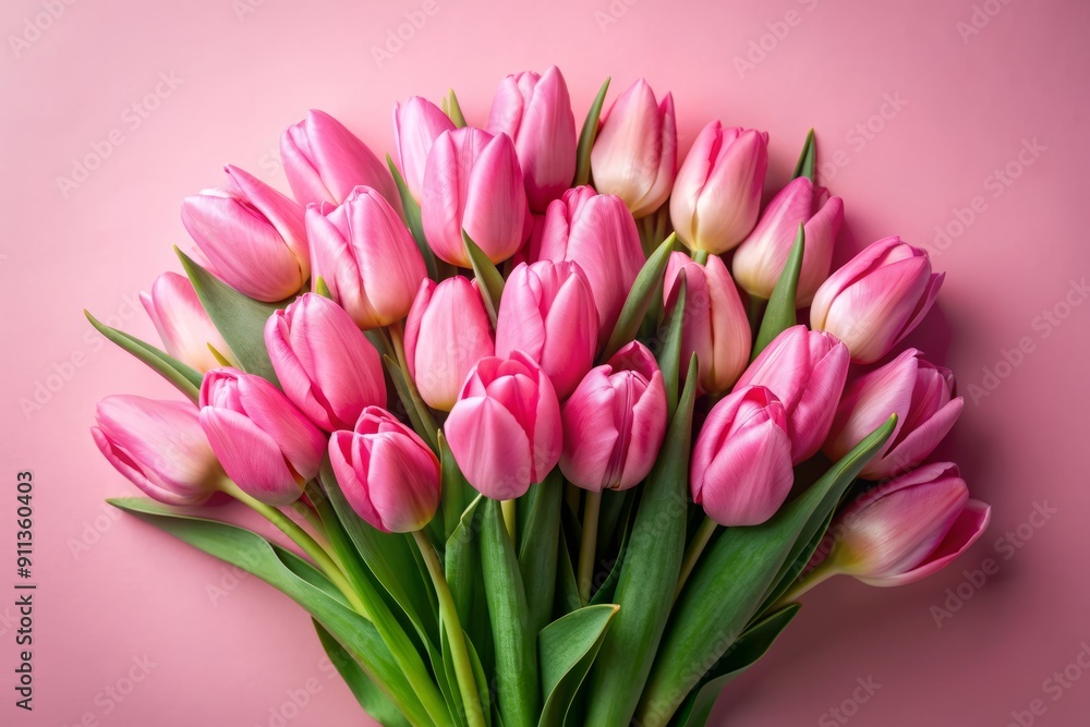 Obraz premium Vibrant pink tulips bursting with delicate petals and lush green stems are artfully arranged in a beautiful bouquet against a soft pink background.