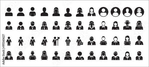 Businessman icon set collection. Business woman icons. User icon. Professional company person, worker, entrepreneur symbol. Anonymous profile sign. Vector stock icons set in flat solid style.