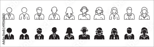 Businessman icon set. Business woman icons. User icon. Professional company person or worker symbol. Anonymous profile sign. customer service symbols. Vector stock icons set in thin line style.