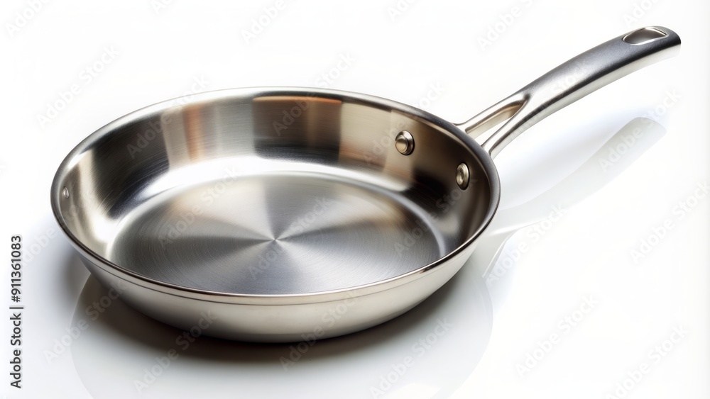 Shiny stainless steel frying pan with slight scratches and rounded handle, perfectly positioned on a clean and minimalist white isolated background.