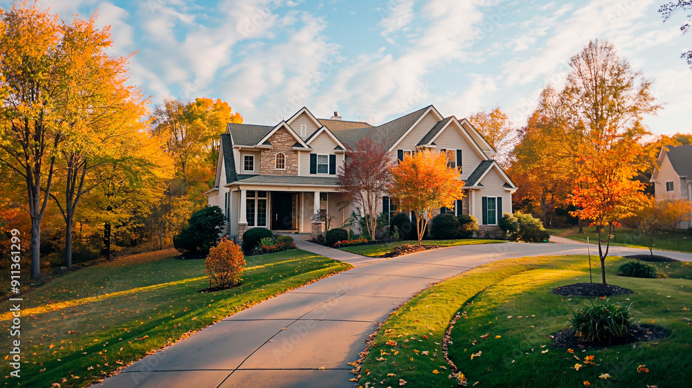 Serene suburban house encircled by autumn trees. Elegant home surrounded by october beauty. Serene suburban house encircled by autumn trees. Elegant home surrounded by october beauty.