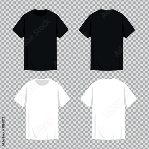 Blank white and black t shirts with short sleeves templates. Front and back view. Vector illustration
