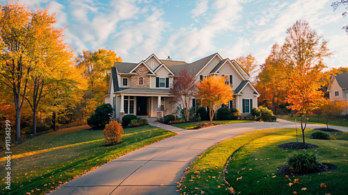 Serene suburban house encircled by autumn trees. Elegant home surrounded by october beauty. photo