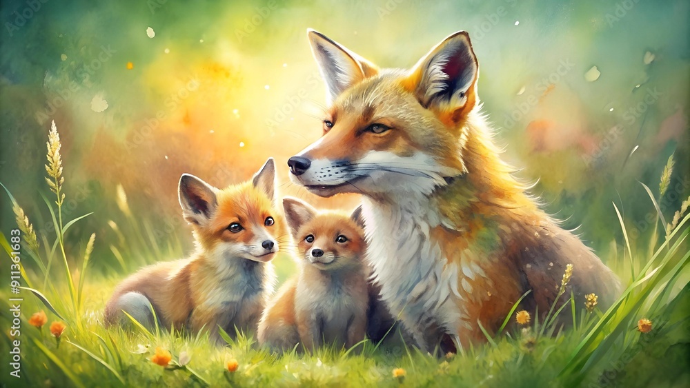 Naklejka premium A Symphony of Furs: A Watercolor Portrait of a Fox and Kits AI generated