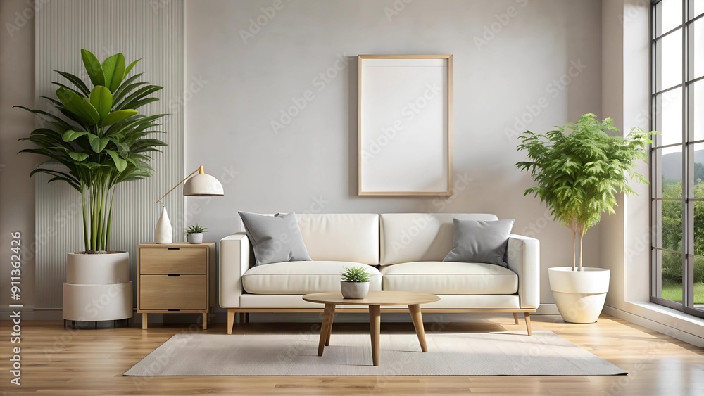 Fototapeta premium Serene Minimalism: A Living Room Oasis with a Touch of Nature AI Generated