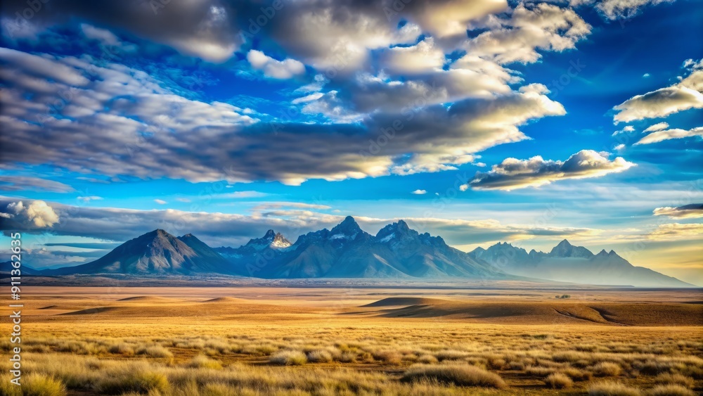 Obraz premium Serene vast landscape stretches towards a distant majestic mountain range on the horizon, with a clear blue sky and subtle cloudy textures in the background.