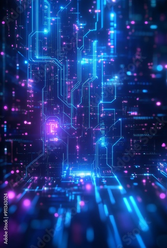 A cyberpunk inspired data visualization featuring glowing blue and purple circuits interwoven with dynamic abstract data flow, creating a high tech aesthetic